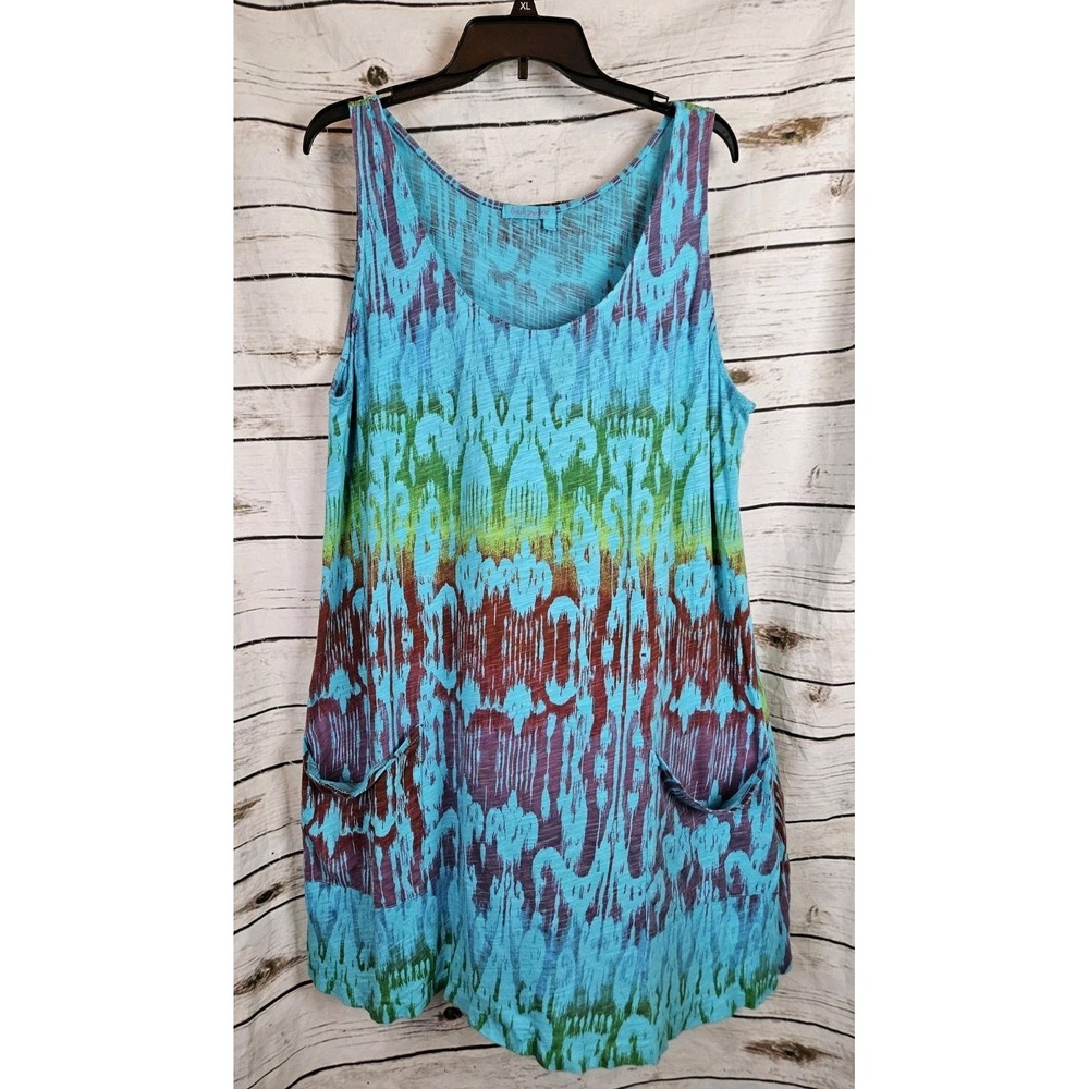 Vintage Fresh Produce Sun Tank Dress 1X Multi Color Pockets Tie Dye Ikat Print